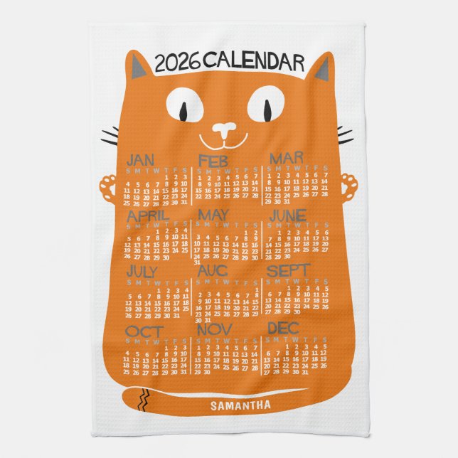 2026 Year Monthly Calendar Mid-Century Orange Cat Kökshandduk (Vertikal)