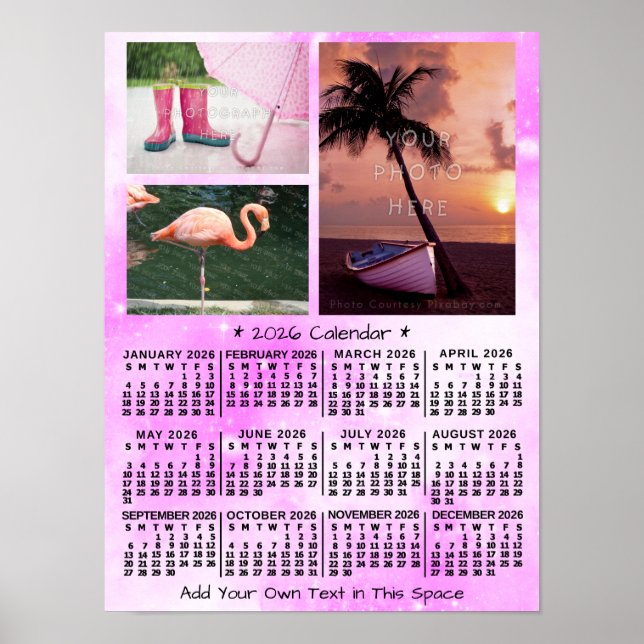 2026 Year Monthly Calendar Pink Watercolor 3 Photo Poster (Framsidan)