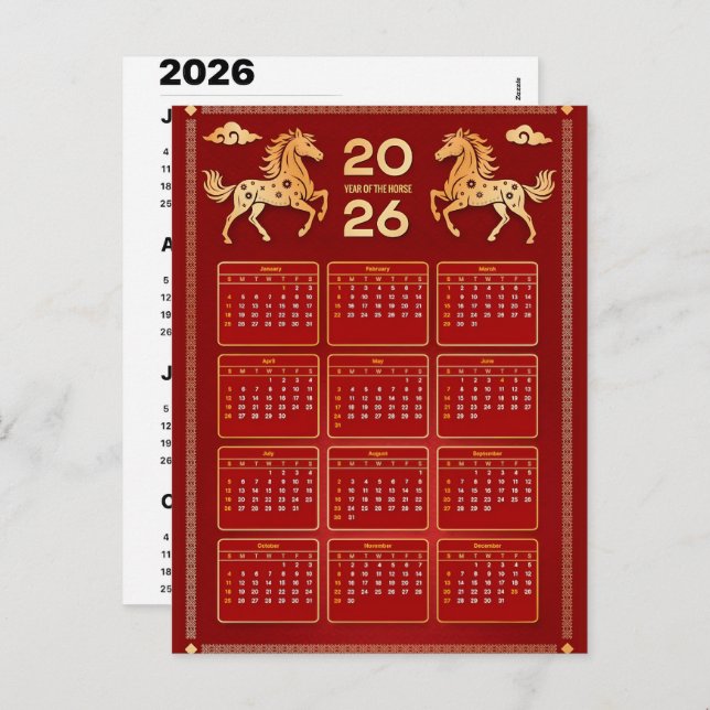 2026 Year of Horse Chinese Wall Calendar Helg Vykort (Fram/baksida)