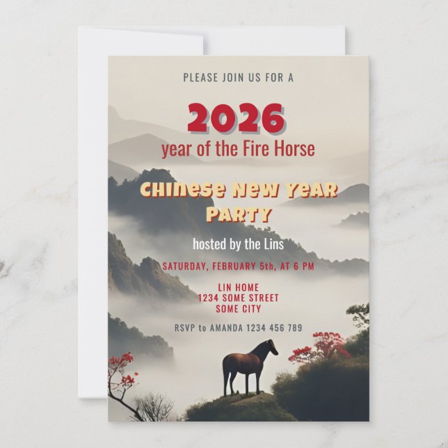 2026 Year of the Fire Horse Chinese New Year Party Inbjudningar (Framsida)