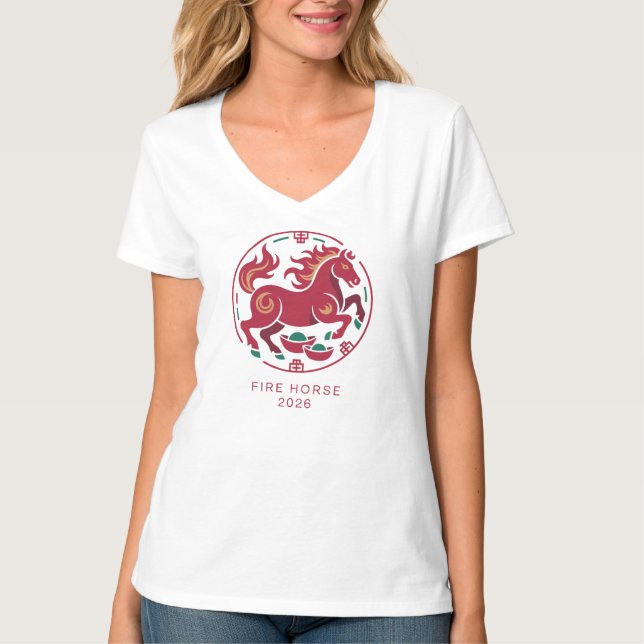 2026 Year of the Fire Horse Chinese Zodiac Luck T Shirt (Framsida)
