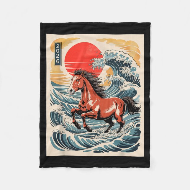 2026 Year Of The Horse Japanese Wave Art Lunar New Fleecefilt (Framsidan)