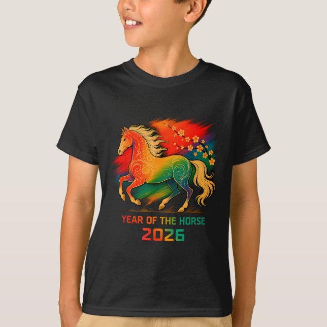 2026 Year Of The Horse Vibrant Zodiac Blossom Art  T Shirt (Framsida)