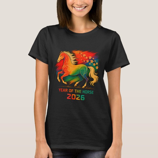 2026 Year Of The Horse Vibrant Zodiac Blossom Art  T Shirt (Framsida)