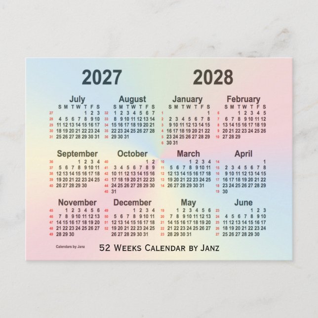 2027-2028 Regnbåge 52 veckors kalender från Janz Vykort (Framsida)