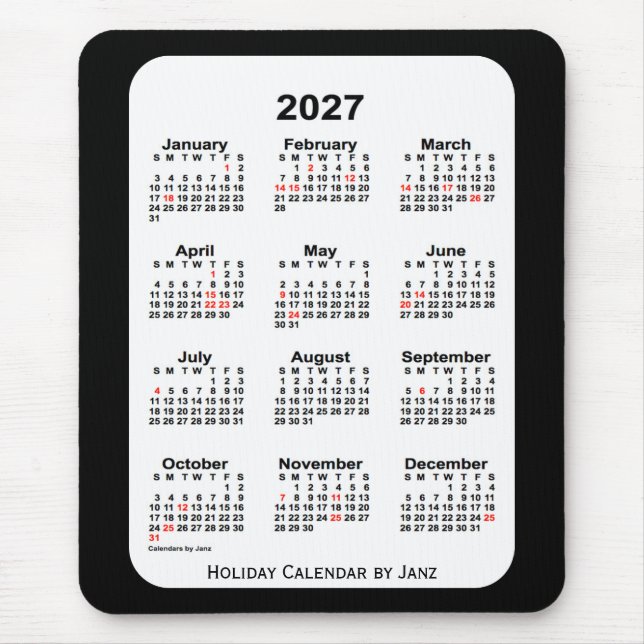 2027 års Helgdag - svart kalender från Janz Musmatta (Framsidan)