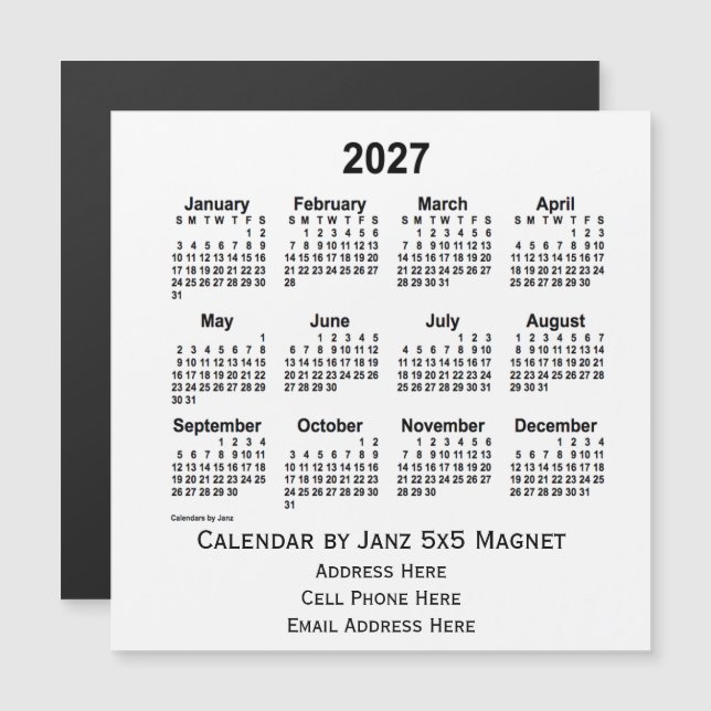 2027 års vitbokskalender från Janz 5x5 Magnet (Fram/baksida)