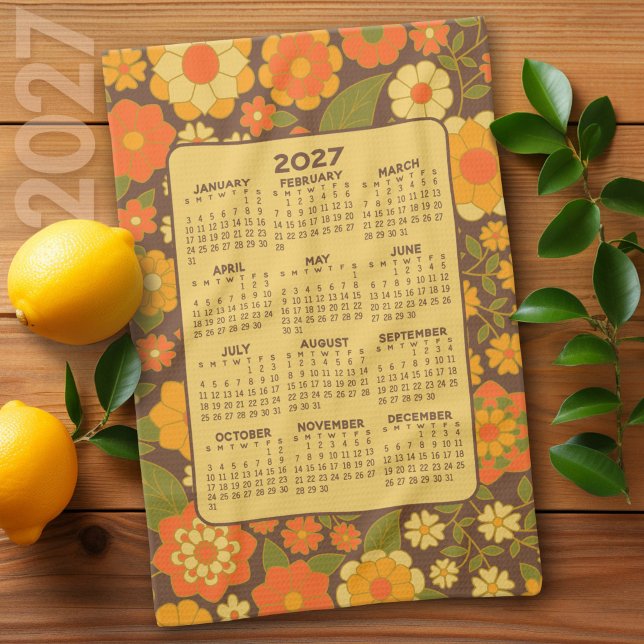 2027 Årskalender - Retro Blommor - Grön Brun Kökshandduk (2027 Calendar on a Kitchen Towel)