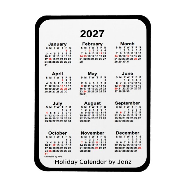 2027 Black Helgdag Calendar av Janz Magnet (Vertikal)