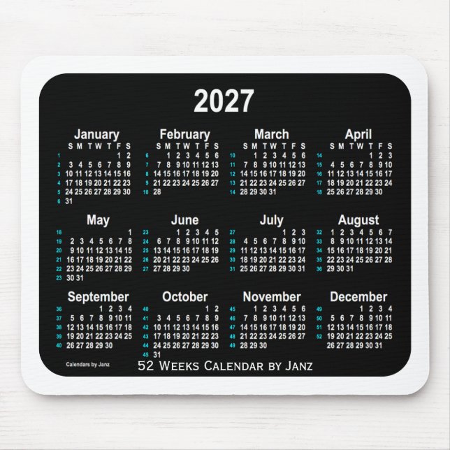2027 Black Neon 52 Weeks kalender från Janz Musmatta (Framsidan)