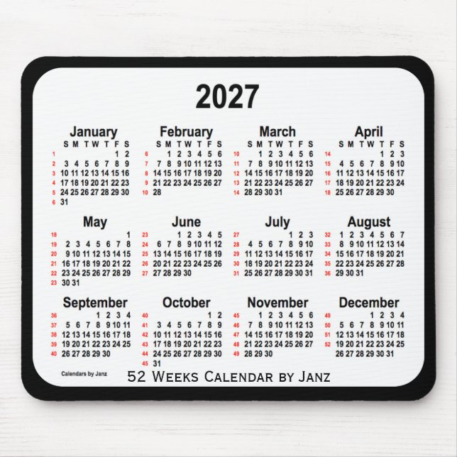 2027 Black Two Tone 52 Weeks-kalender från Janz Musmatta (Framsidan)