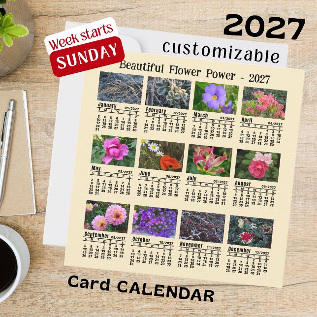 2027 Blomfoto Kalender söndag vecka platt kort (Skapare uppladdad)
