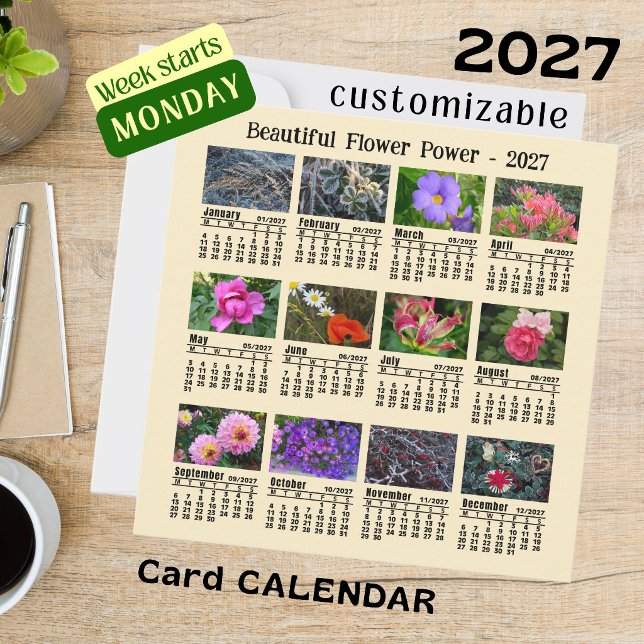 2027 Blomkalender gul måndag Vecka platt Kort (Skapare uppladdad)