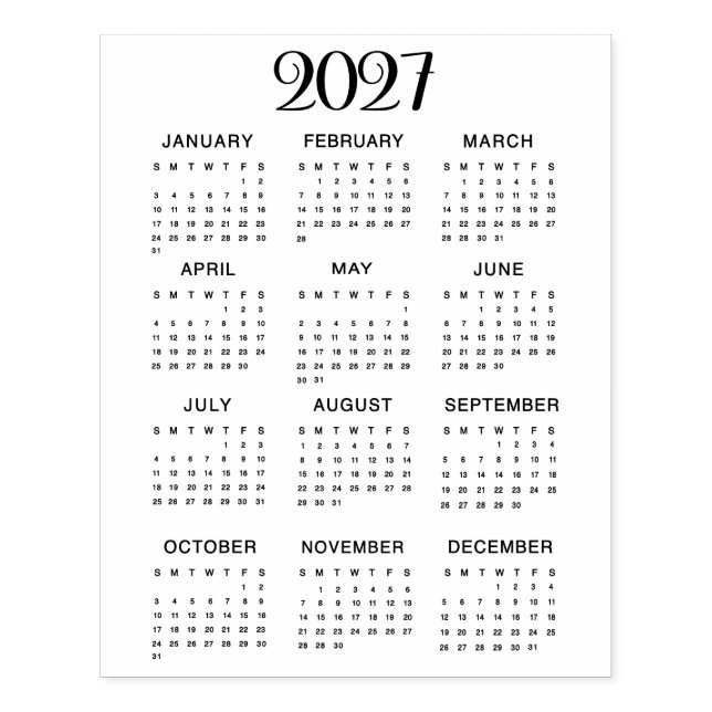 2027 Calendar #1 Four Rows, Three Columns Stämpel (Tryck)
