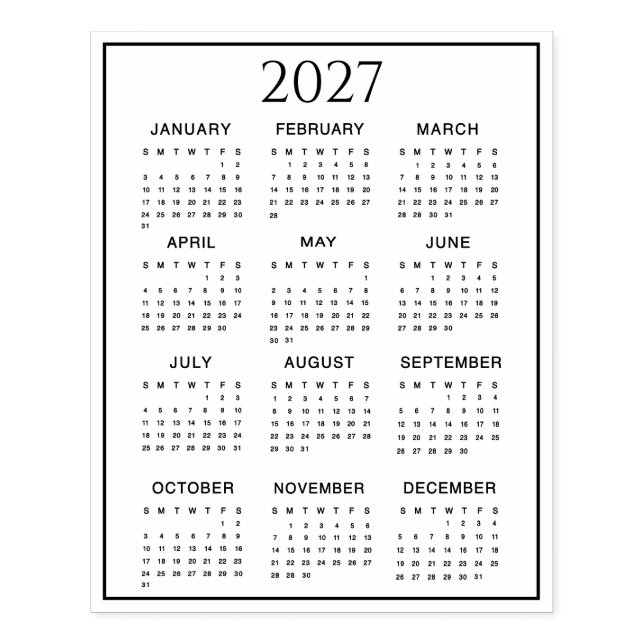 2027 Calendar #2 Four Rows, Three Columns Stämpel (Tryck)