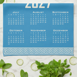 2027 Calendar, Greek Fret, Cosmic Latte on Blue Kökshandduk