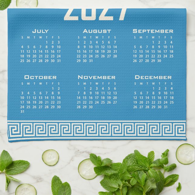 2027 Calendar, Greek Fret, Cosmic Latte on Blue Kökshandduk (Vikta)