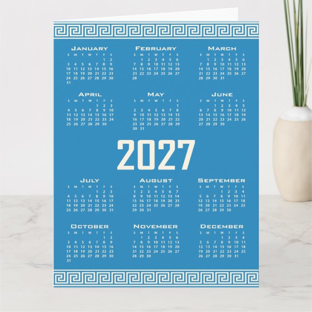 2027 Calendar, Greek Fret, Cosmic Latte on Blue Kort (Framsida)
