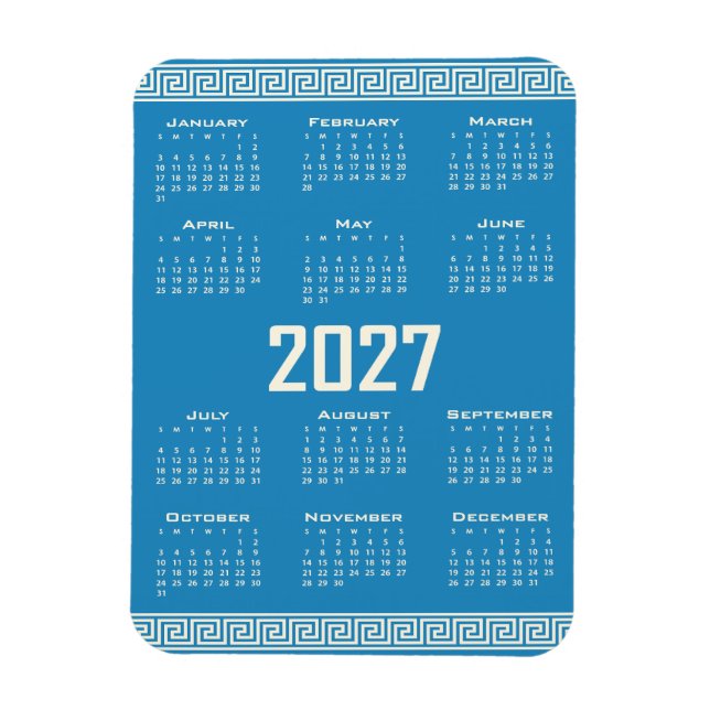 2027 Calendar, Greek Fret, Cosmic Latte on Blue Magnet (Vertikal)