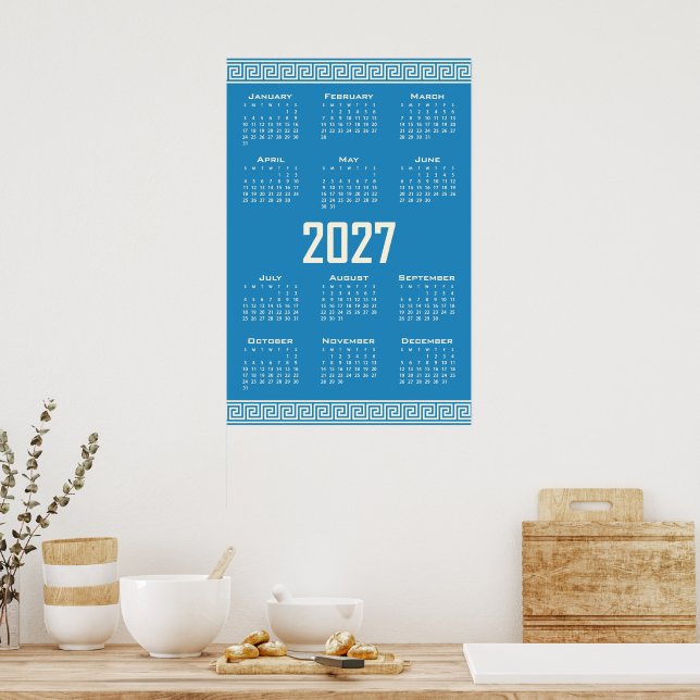 2027 Calendar, Greek Fret, Cosmic Latte on Blue Poster (Kök)