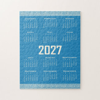 2027 Calendar, Greek Fret, Cosmic Latte on Blue Pussel