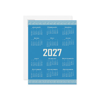 2027 Calendar, Greek Fret, Cosmic Latte on Blue Vykort