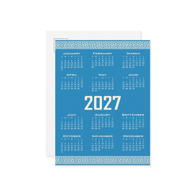 2027 Calendar, Greek Fret, Cosmic Latte on Blue Vykort (Fram/Back In Situ)