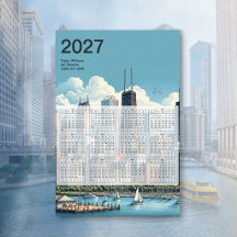 2027 Chicago Skyline Arkitektur Blå Kalender