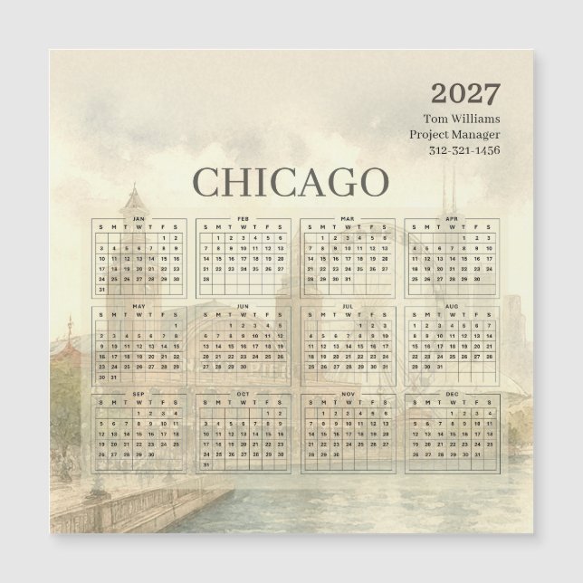 2027 Chicago Skyline Kalender Magnetkort (Framsida)