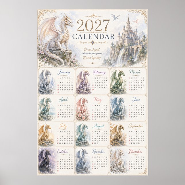 2027 Fantasy Drakväggkalender Poster (Framsidan)