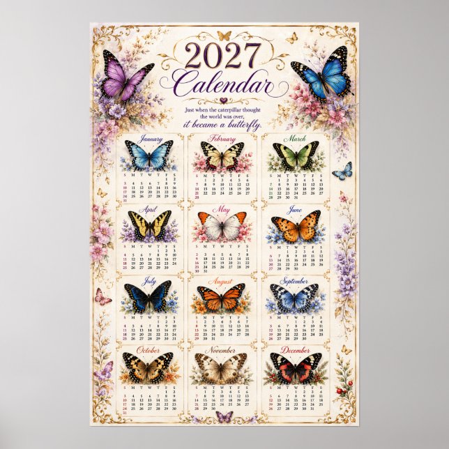 2027 Fjäril Väggtidskalender Affisch (Framsidan)