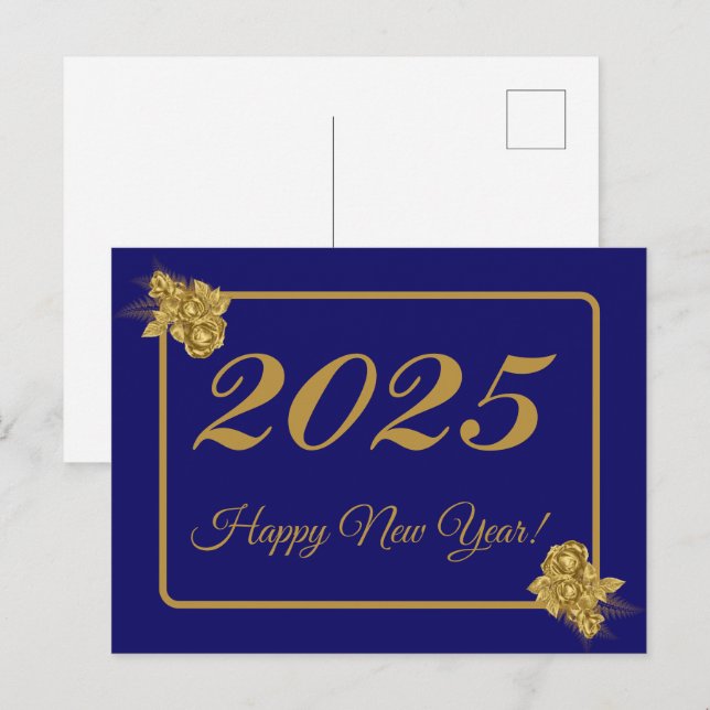 2027,Gott nytt år!guldblomma & marinblå bakgrund Vykort (Fram/baksida)