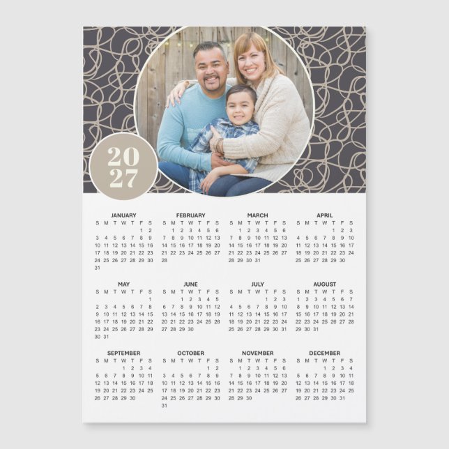 2027 Grå Beige Anpassad Foto Magnetisk Kalender (Framsida)