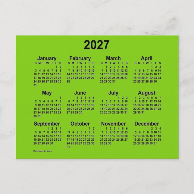 2027 Gul Grön Mini Kalender av Janz Vykort (Framsida)