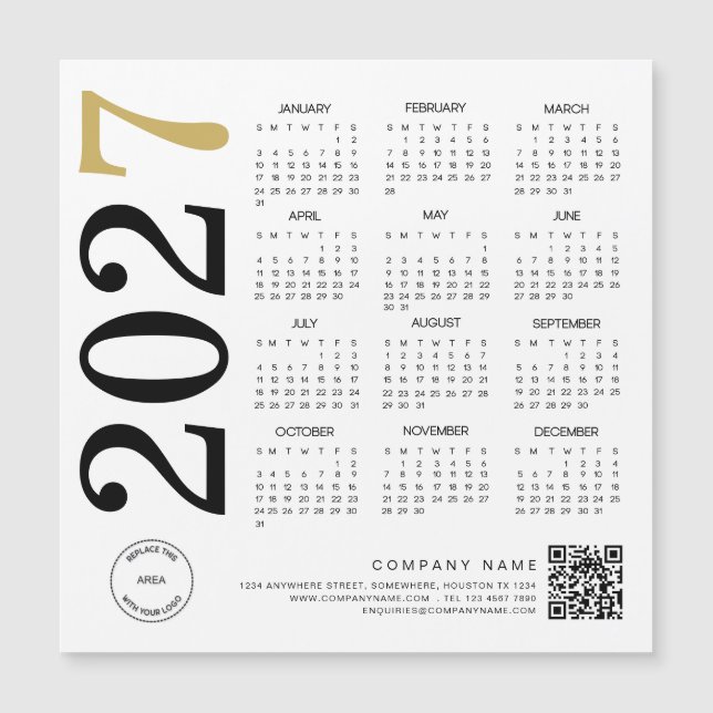 2027 Guld Vit Kalender Logotyp QR-kod Affärer (Framsida)