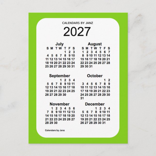 2027 Gult Grönt 6 Mini Calendar från Janz Vykort (Framsida)