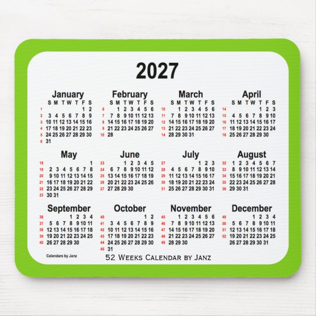 2027 Gultens Grönt 52 veckors kalender från Janz Musmatta (Framsidan)
