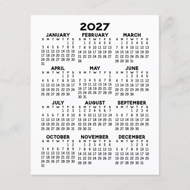2027 Helårs Kalender - Grundläggande Minimal Flygblad (Framsidan)