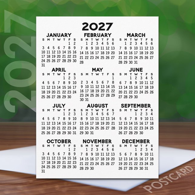 2027 Helårs Kalender - Grundläggande Minimal Vykort (2027 Calendar on a Postcard)