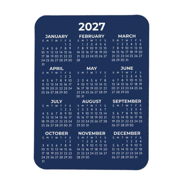 2027 Helårskalender Basic Mini Marinblå Magnet (Vertikal)