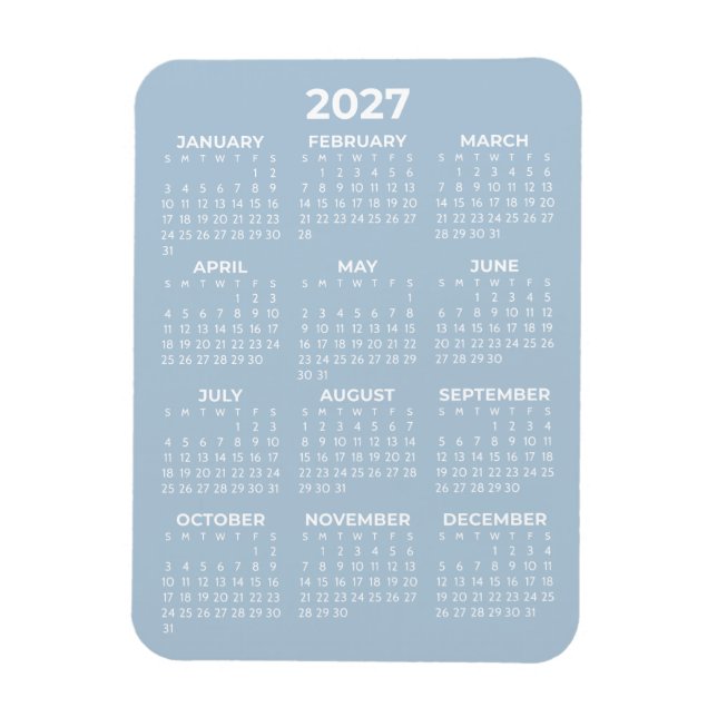 2027 Helårskalender Basic Minimal Mini Blå Magnet (Vertikal)