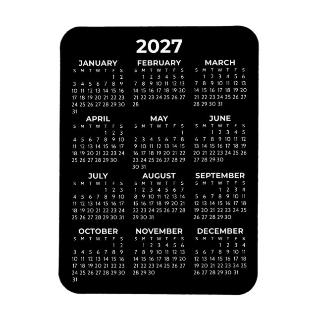 2027 Heldskalender Basic Minimal Mini Svart  Magnet (Vertikal)