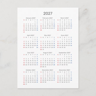 2027 Kalendarkort: söndagsstart, svart & vit Vykort
