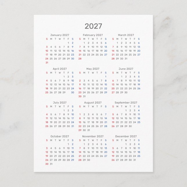 2027 Kalendarkort: söndagsstart, svart & vit  Vykort (Framsida)