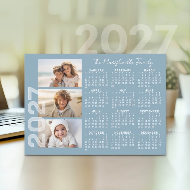 2027 Kalender 3 Foton Basic Blå Minimal Julkort (2027 calendar as a holiday card)