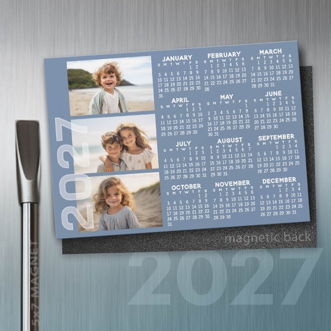 2027 Kalender - 3 Foton Basic Blue Minimal Magnet (2027 Calendar on a magnet)