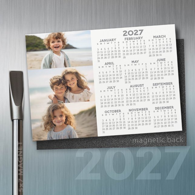 2027 Kalender - 3 Foton - Basic Grey Vit Magnet (2027 Calendar)