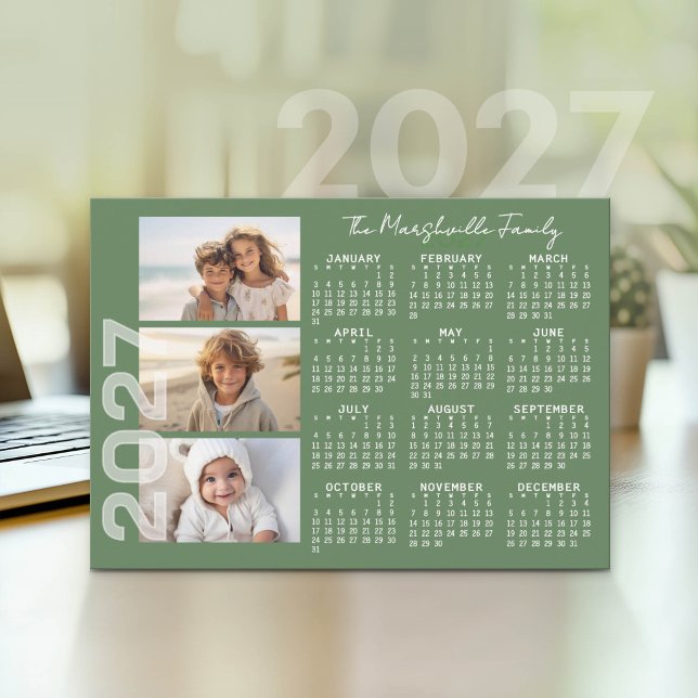 2027 Kalender 3 Foton Basic Grön Minimal Julkort (2027 calendar as a holiday card)