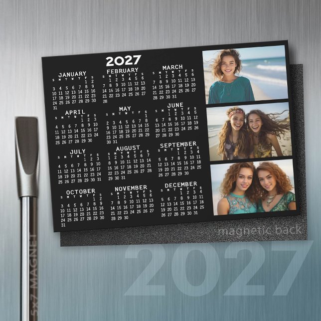 2027 Kalender 3 Foton Basic Svart Minimal Magnet (2027 Calendar Magnet)