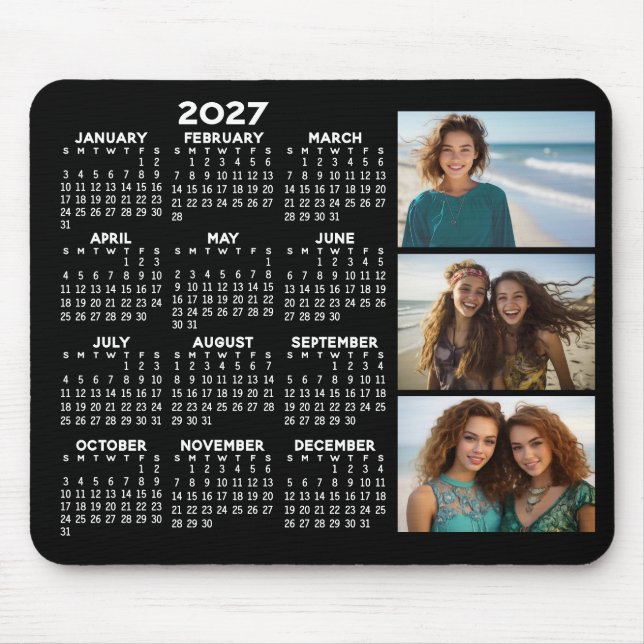 2027 Kalender 3 Foton Basic Svart Minimal Magnet Musmatta (Framsidan)